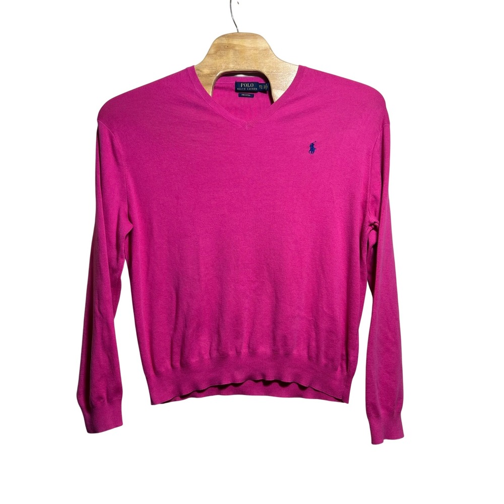 Polo Ralph Lauren Hot Pink Pima Cotton V-Neck Sweater Womens XXL Blue Pony Logo